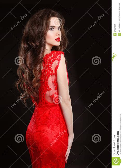 Elegant Black Woman Model With Curly Hair In Red Dress