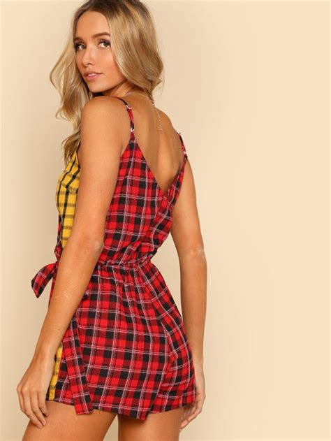 shop two tone checked wrap cami romper online shein offers two tone checked wrap cami romper