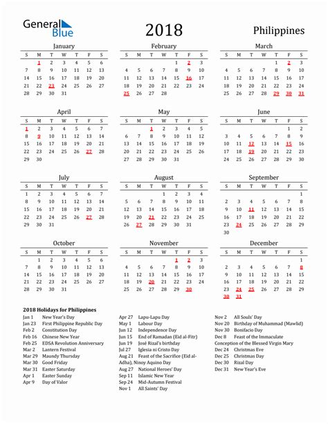 Free Philippines Holidays Calendar For Year 2018
