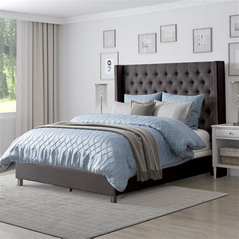 Corliving Fairfield Dark Grey Tufted Fabric Fulldouble Bed With Wings