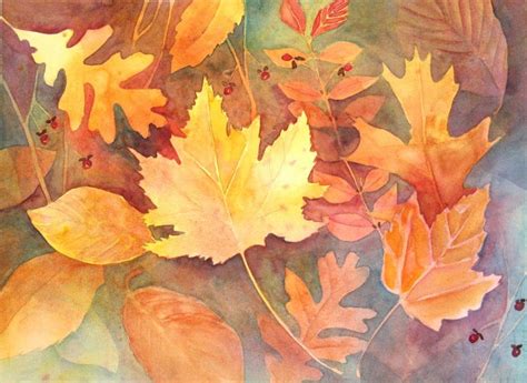 Watercolor Painting Of Autumn Leaves And Berries