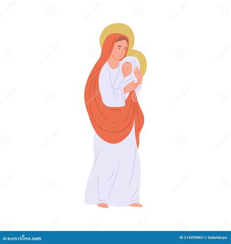Virgin Mary Holding God Baby Jesus Cartoon Vector Illustration Stock