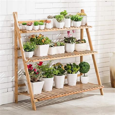 Unho 3 Tier Bamboo Plant Stand Outdoor Indoor Flower Stand Folding