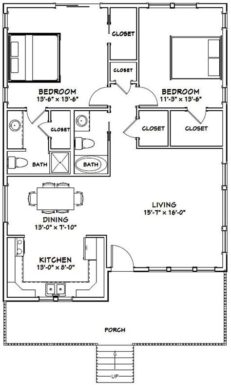 30x40 House 2 Bedroom 2 Bath 1136 Sq Ft Pdf Floor Etsy