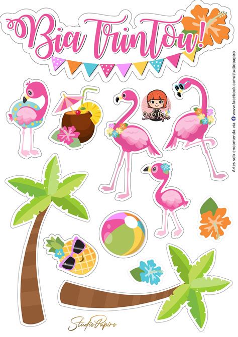 Topo De Bolo Flamingos Para Imprimir Festa Aloha Caixas Dia Dos