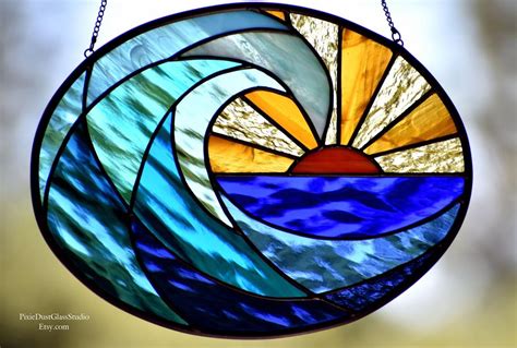 Stained Glass Ocean Wave Suncatcher Surf S Up At Dawn Etsy Canada Stained Glass Suncatchers
