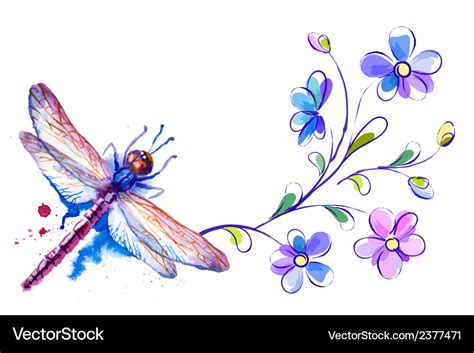 Horizontal Background With Dragonfly And Flowers Vector Image