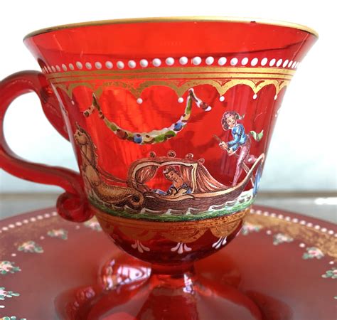 Moser Ruby Glass Cup And Saucer ‘venetian’ Scenes C 1925 20971 Moorabool Antique Galleries