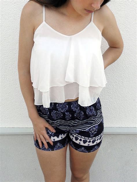 74 Off Stylish White Flounced Tank Top And Printed