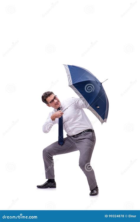 The Young Businessman With Umbrella Isolated On White Stock Photo