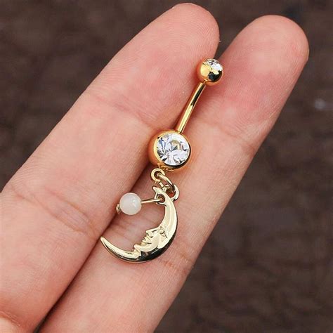14g Gold Plating Steel Cz And Opal Moon Dangle Navel Rings In 2021 Belly Button Rings Belly