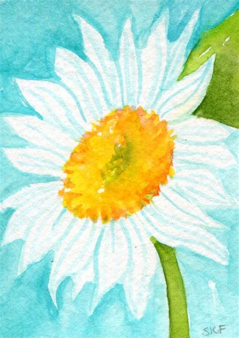 Aceo Original Daisy Watercolor On Aqua Painting Art Card Etsy Daisy