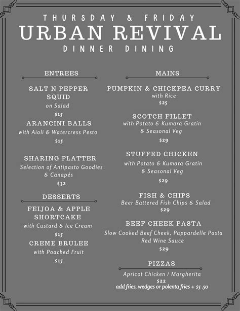 Urban Revival This Weeks Thursday And Friday Dinner Menu