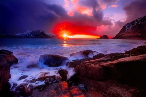 Rocks Amazing Fiery Dusk Beautiful Sunset Sky Sea Stones Water