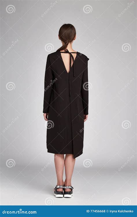 Beautiful Woman Brunette Long Hair Wear Black Silk Dress Stock Photo