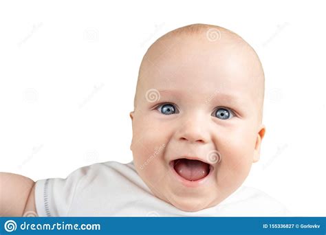 Close Up Portrait Of Happy Laughing Caucasian Blond Baby Boy Isolated