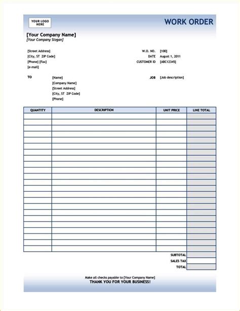 Free Construction Work Order Template