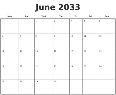 June 2033 Monthly Calendar Template