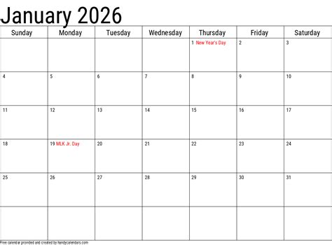 2026 January Calendars Handy Calendars