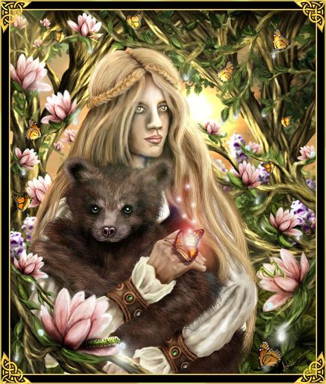 A Painting Of A Woman Holding A Bear In Front Of Trees And Flowers With