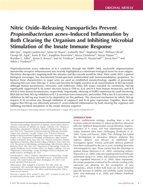 Pdf Nitric Oxide Releasing Nanoparticles Prevent Propionibacterium