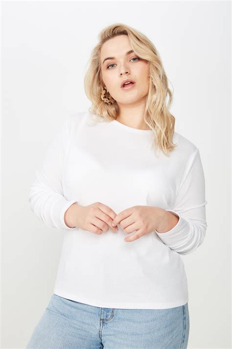 Curve Round Neck Long Sleeve White Cotton On Tops