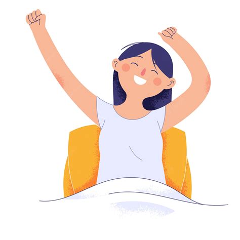 mujer joven acaba de despertar de su sueño mientras levanta las manos y sonríe vector premium