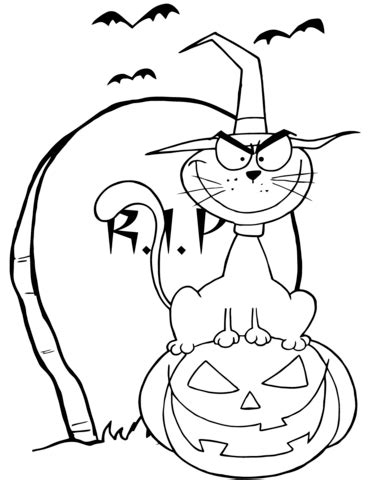 Free printable halloween coloring pages for kids. Halloween Cat on Pumpkin near Tombstone coloring page ...