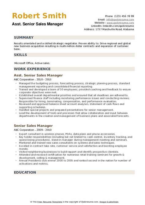 Free sample senior sales manager resume. Senior Sales Manager Resume Samples | QwikResume