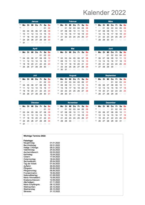 Kalender 2022 Mit Kalenderwochen Und Feiertagen In Schweiz Online