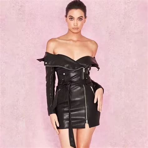 2018 Elegant Black Long Sleeve Sashes Off The Shoulder Solid Sexy Pu Dress Sexy V Neck Zipper