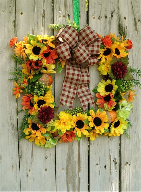 Square Fall Sunflower Wreath For Front Door Thanksgiving Etsy