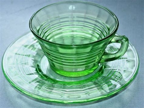 Vintage Green Depression Glass Fancy Lined Cup Saucer Set Antique