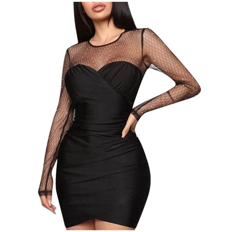 sexy jurk lange mouwen bodycon zwart 2020 vrouwen club mesh sequin panel slim fit mini jurk