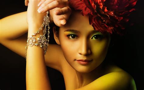 3840x2560 red lotus girl model flower asian face woman coolwallpapers me