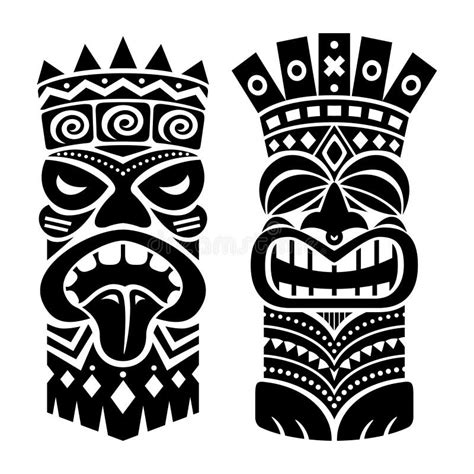 Tiki Statue Pole Totem Vector Design Traditional Decor Set From Polynesia And Hawaii Tribal