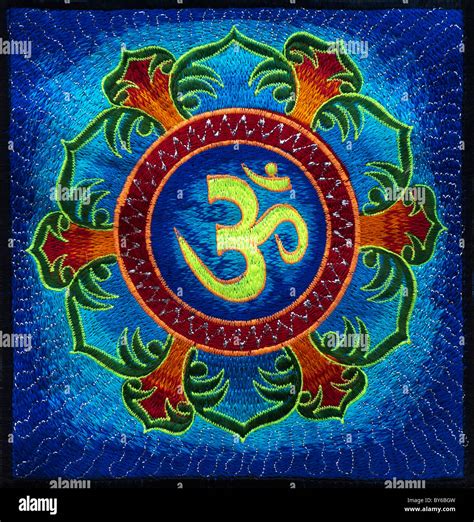 Multicoloured Hindu Om Aum And Lotus Flower Embroidery Pattern