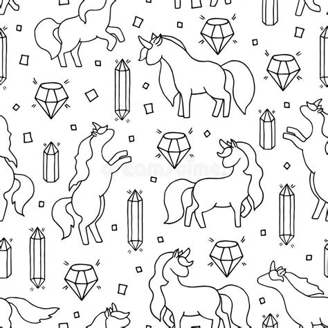 Black And White Hand Drawn Seamless Pattern With Unicorns And Gems