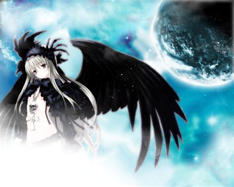 1920x1080 Resolution Gray Haired Anime Girl Angel With Black Wings Under The Moon Hd Wallpaper