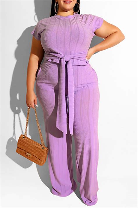 Lovely Casual Knot Design Light Purple Plus Size Two Piece Pants Setplus Size Two Piecesplus