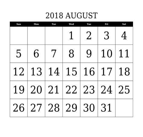 August 2018 Calendar Template Printable Calendar August
