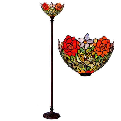 Bieye L10398 15 Inches Rose Tiffany Style Stained Glass Torchiere Floor Lamp Red Rose