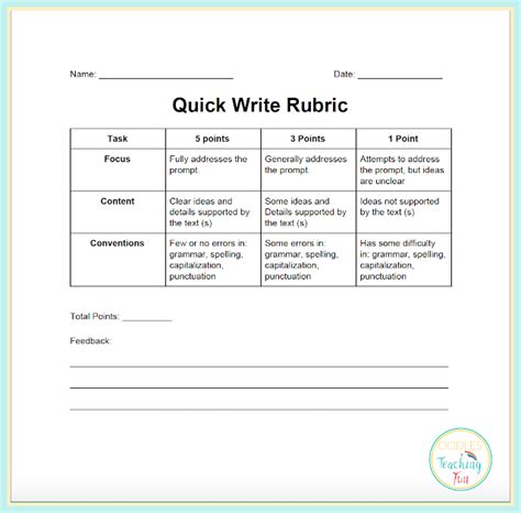 The Quick Write Rubric Sheet For Students To Use In Their Writing