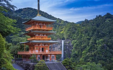 Nachi Falls Japanese Temple Mountain Landscape Japanese Kumano