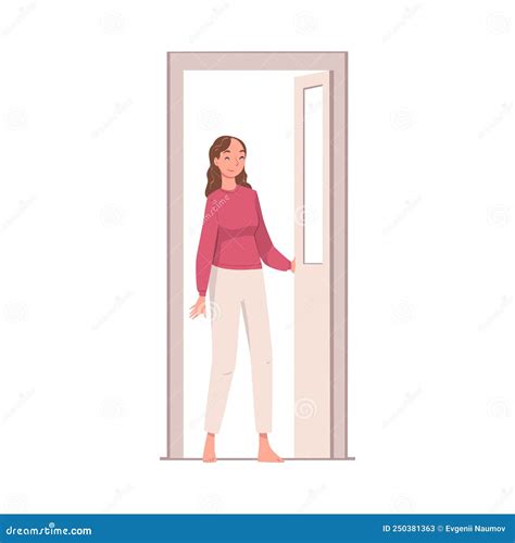 Woman Character At The Door Opening It Entering Home Vector
