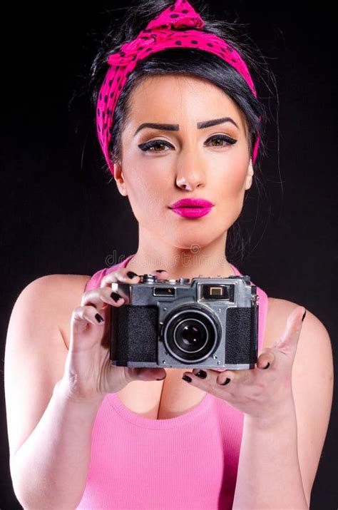 Pin Up Girl With Old Camera Stock Photo Image Of Hobby Device