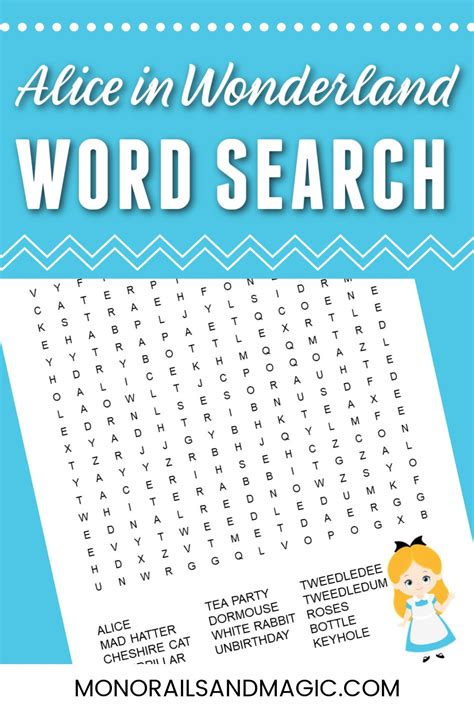 Alice In Wonderland Word Search Free Printable Monorails And Magic