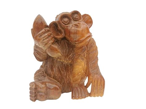 Wood Carving Of A Monkey With Telephone In Hand Wooden Etsy