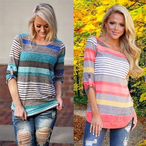New Fashion Women Casual O Neck Long Sleeve Striped Knit Tops Loose T
