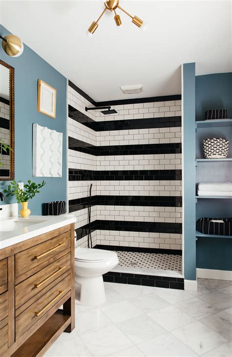 Black And White Striped Subway Tile Shower In Modern Master Bath With